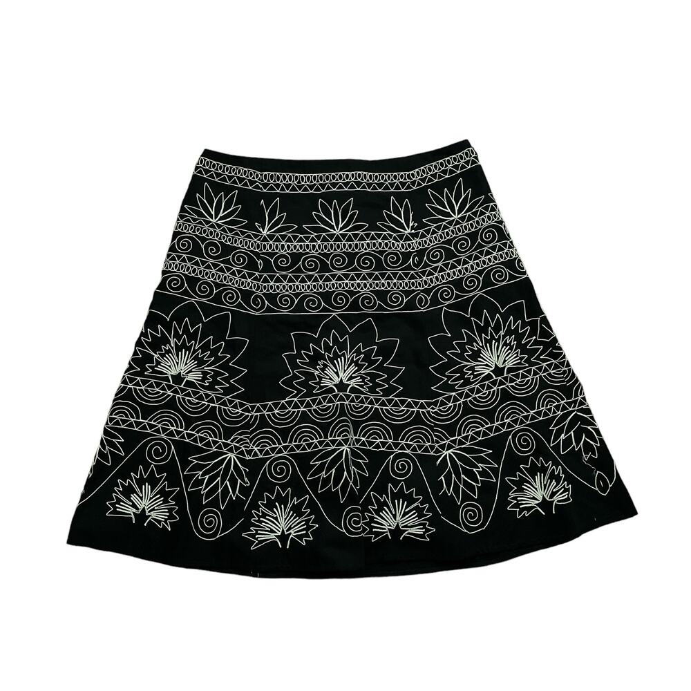 1990s Vintage Talbots Black Cream Folk Embroidered A-line Skirt Size 10